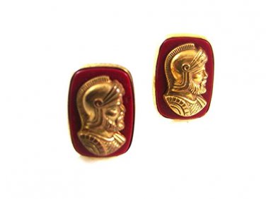 Vintage 1940's-50's Goldtone Red Greek Roman Warrior Helmet Cufflinks 8417