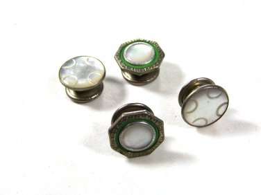 Edwardian / Art Deco Silvertone & Mother Pearl Green Cufflinks by SNAP LINK 8415