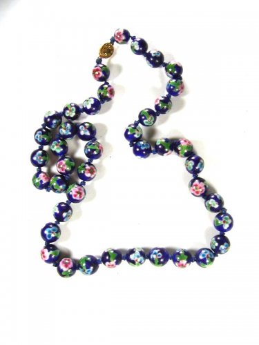 Chinese Dark Blue Green Flower Bead Knotted Necklace 24" Unbranded 81915
