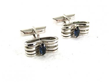 Vintage Silvertone & Sparkly Blue Rhinestone Cufflinks By SWANK 71017