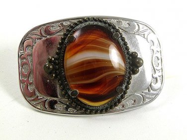 Vintage Silver Tone & Glass or Stone Carmelized Belt Buckle 22817