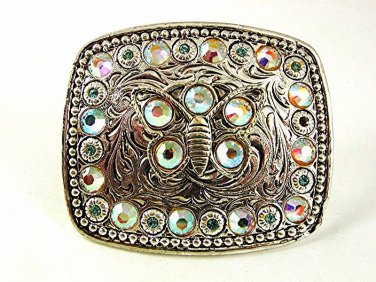 Ladies Silver Plated Pewter Blue Pink Rhinestone Butterfly Belt Buckle 6317