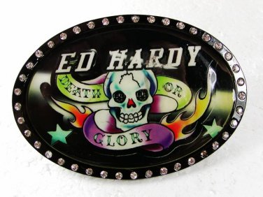 Death or Glory Skull White Black Belt Buckle By ED HARDY 33116
