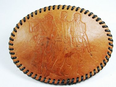 Vintage 3 Guys With Rifles Pistols etc Leather Belt Buckle Unbranded 11715