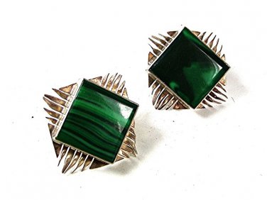 Vintage Mexican Sterling Silver Malachite Clip On Earrings 81516