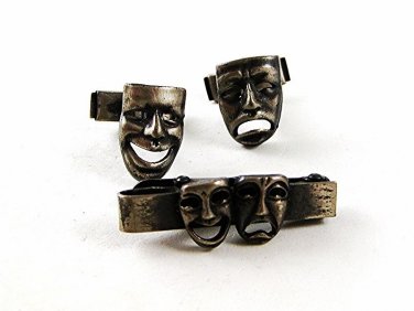 Vintage Silver Tone Comedy & Tragedy Theatre Cufflinks & Tie Clasp 10316