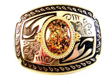 Silver & Gold Tone Belt Buckle Made in USA 4" X 3"