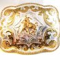 Silver & Gold Tone Belt Buckle Made in USA 4" X 3"