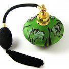 Gold Tone Green & Black White Art Glass Flower Perfume Bottle & Atomizer 1117