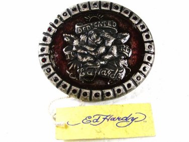 Rose Silvertone Red Rhinestones Belt Buckle By ED HARDY 33116a w/ Tag