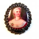Vintage Flower Framed Hand Painted Portrait Brooch of a Lady Brooch