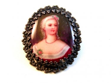 Vintage Flower Framed Hand Painted Portrait Brooch of a Lady Brooch