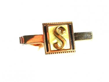 1950"s Silvertone Mother Pearl Black Letter S Tie Clasp Unbranded 41116