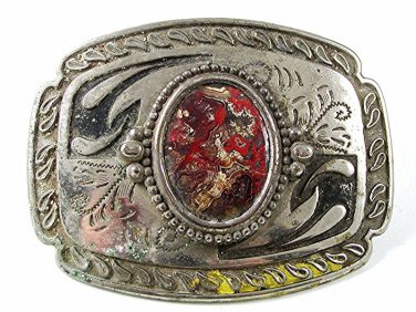 Vintage Western Cowboy Silver Tone & Natural Stone Belt Buckle 11117