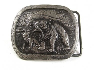 Vintage Bear with Fish & Cub Pewter Buckle 41617