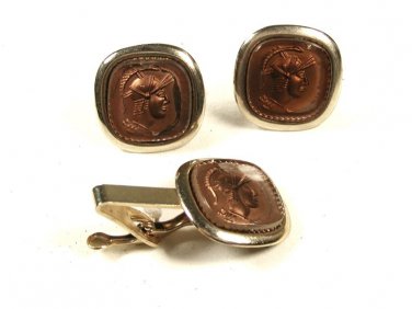 1930's - 50's Greek Warrior Pericles Silvertone Cufflinks Tie Clasp Unbranded