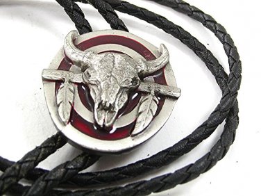 1987 Bull Skull / Shield Feathers Bolo by SISKIYOU BUCKLE CO w/Cord 102016