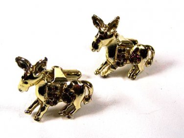 1950's Goldtone Red Rhinestones Democratic Donkey Cufflinks Unbranded 93015
