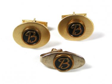 Vintage Gold Tone Initial B. Cufflinks & Tie Clasp Unbranded 72116