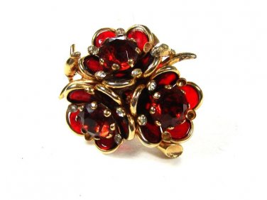 Vintage Goldtone & Reddish Orange 3 Leaf Flower Brooch Unbranded 8415