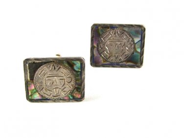 Mexican Sterling Silver & Abalone Aztec Cufflinks Unbranded 41416