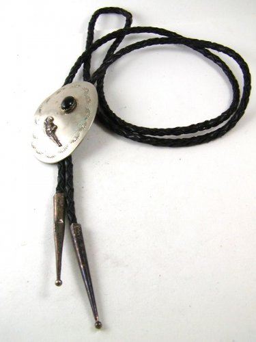 Vintage Coin Silver Parrot & Black Bolo With Leather Cord 101316