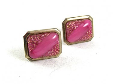 Vintage Silvertone & Goldtone Design Pink Cufflinks 101017