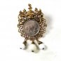 Gold Tone 5p Bull Ireland Coin Dangley Faux Pearls Brooch 8116