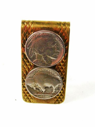 Vintage 2 Indian Head Buffalo Nickles Brass Money Clip Unbranded 42016