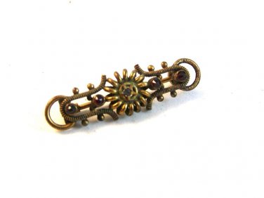 Victorian Gold Tone & Red & White Rhinestones Brooch