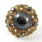 1950's Goldtone Black Faux Pearls Rhinestones Brooch 4217