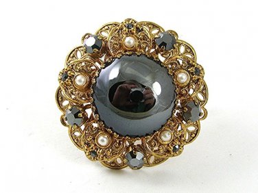 1950's Goldtone Black Faux Pearls Rhinestones Brooch 4217