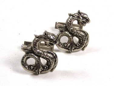 Vintage Silvertone Dragon Sea Monster Cufflinks by WINDSOR 102215