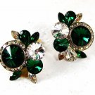 Vintage Green & Clear Shiny Rhinestone Clip On Earrings Unbranded 32116