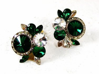 Vintage Green & Clear Shiny Rhinestone Clip On Earrings Unbranded 32116
