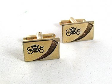 Vintage Goldtone Black Carriage Cufflinks By HICKOK USA 9417