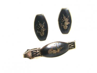 Sterling Silver Siam Dancer Niello Cufflinks Tie Clasp Unbranded 81915
