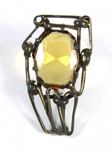 Handmade Deco Brassy & Amber Rhinestone Brooch Unbranded 91115