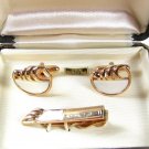Vintage Goldtone & White Cufflinks & Tie Clasp By SWANK In Box 31816
