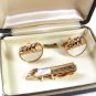 Vintage Goldtone & White Cufflinks & Tie Clasp By SWANK In Box 31816