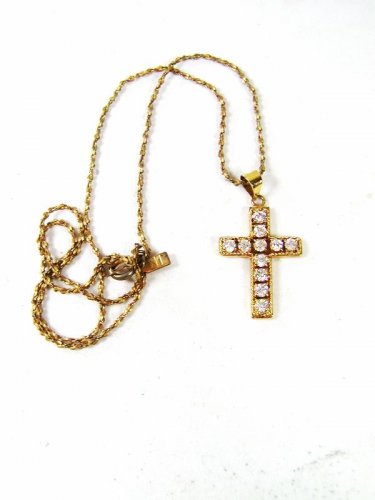 Gold Tone & Sparkly Rhinestones Cross with 16" Chain By MI 62016