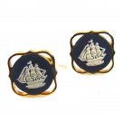 Gold Tone & Blue Jasperware Sailing Ship Cufflinks by S In Shield 1216