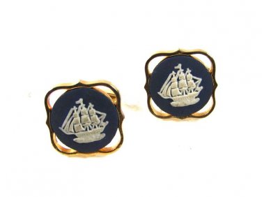 Gold Tone & Blue Jasperware Sailing Ship Cufflinks by S In Shield 1216