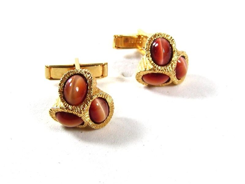 Gold Tone & Tiger Eye Cufflinks Unbranded 51716 Pat No. 2920363