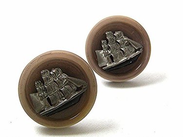 Vintage Silver Tone Gray Sailing Ship Cufflinks / Buttons 1217