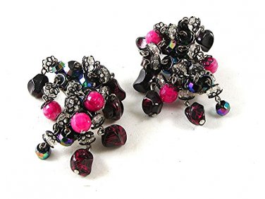 Vintage Purple Pink Crystal Jingly Jangley Dangley Clip On Earrings By HOBE 102