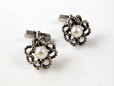 Vintage Silver & Cultured Pearls Cufflinks 9816