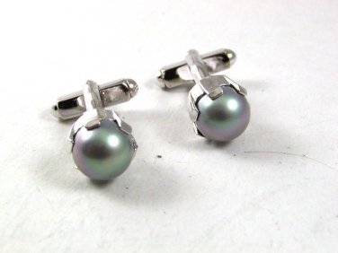 Vintage Silvertone & Gray Faux Pearl Cufflinks 121317