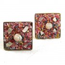 Vintage 1970's Goldtone Confetti Shells Pink White Cufflinks 10917