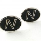 1970's Silvertone & Black Initial / Letter N Cufflinks By HICKK USA 61517